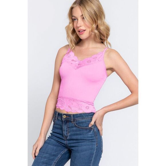3/$16🎁Pink Cami Tank Ribbed Seamless Spaghetti Straps Lace Trim Lg - Picture 2 of 4